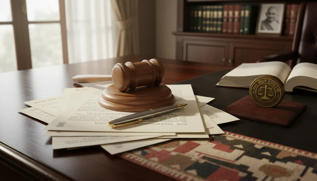 Gavel and legal papers on wooden desk