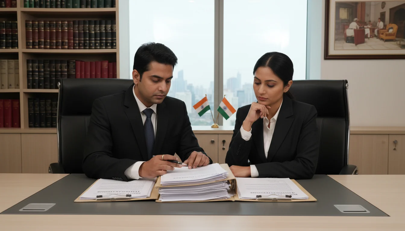 Indian corporate office workers reviewing documents