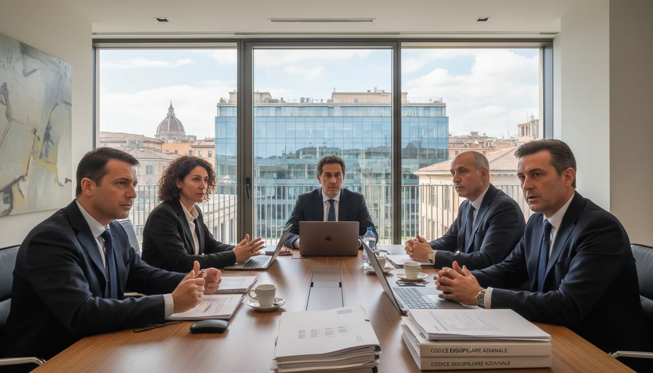 Italian office workers discussing compliance rules