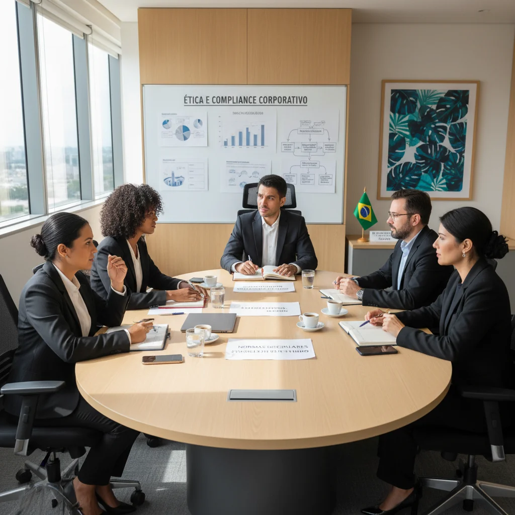 A photorealistic image of a diverse group of professional adults in a modern Brazilian corporate office, engaged in a serious discussion about compliance and disciplinary procedures, with elements like a whiteboard showing ethical guidelines and a Brazilian flag in the background, conveying a sense of professionalism, accountability, and legal adherence in a business context.