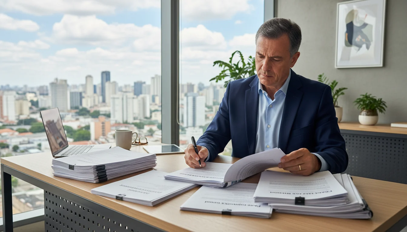 Professional reviewing corporate documents