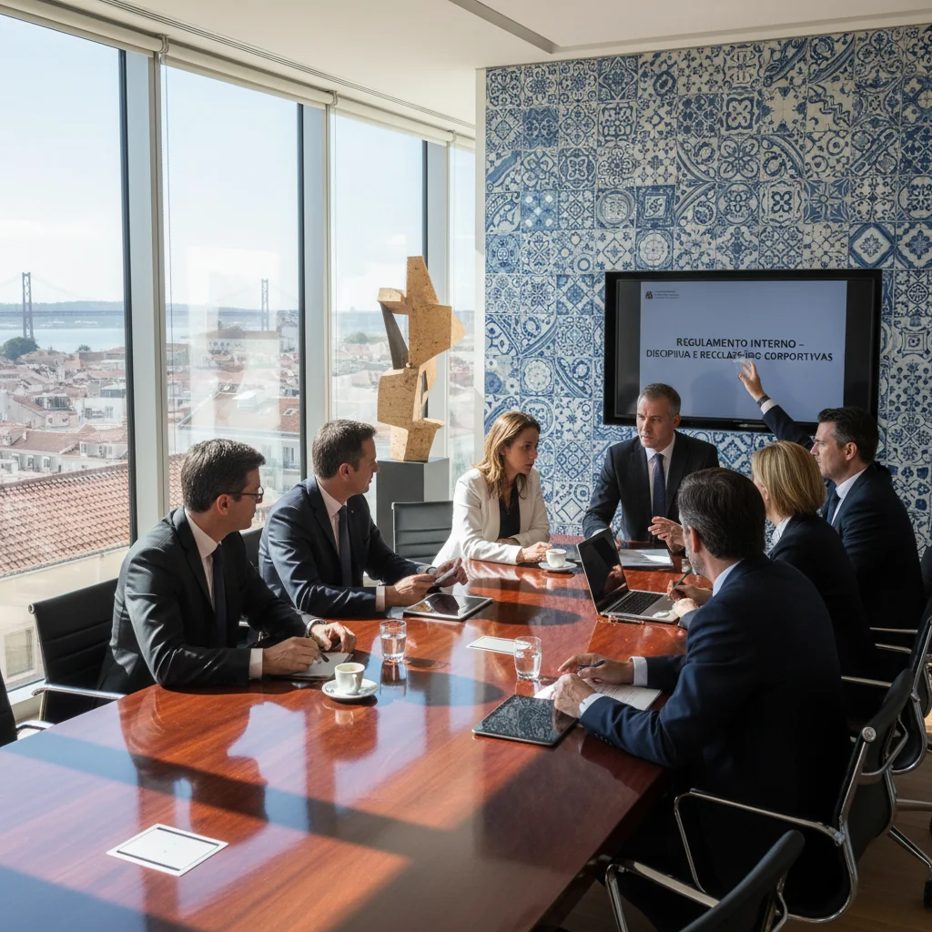 A photorealistic image of a professional business meeting in a modern Portuguese office, where adults are discussing corporate policies and discipline guidelines, symbolizing the purpose of the Regulamento de Disciplina e Queixas document, with no children present.