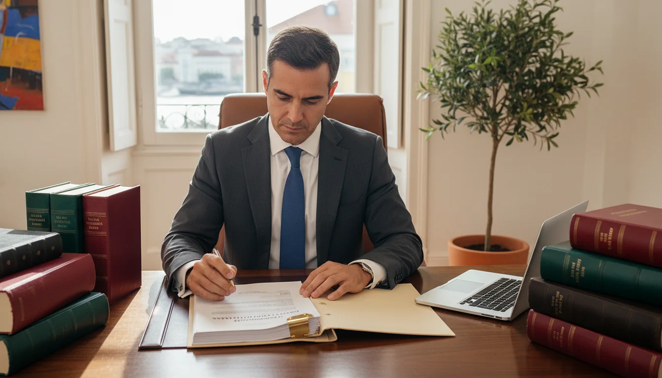 Portuguese corporate lawyer reviewing documents