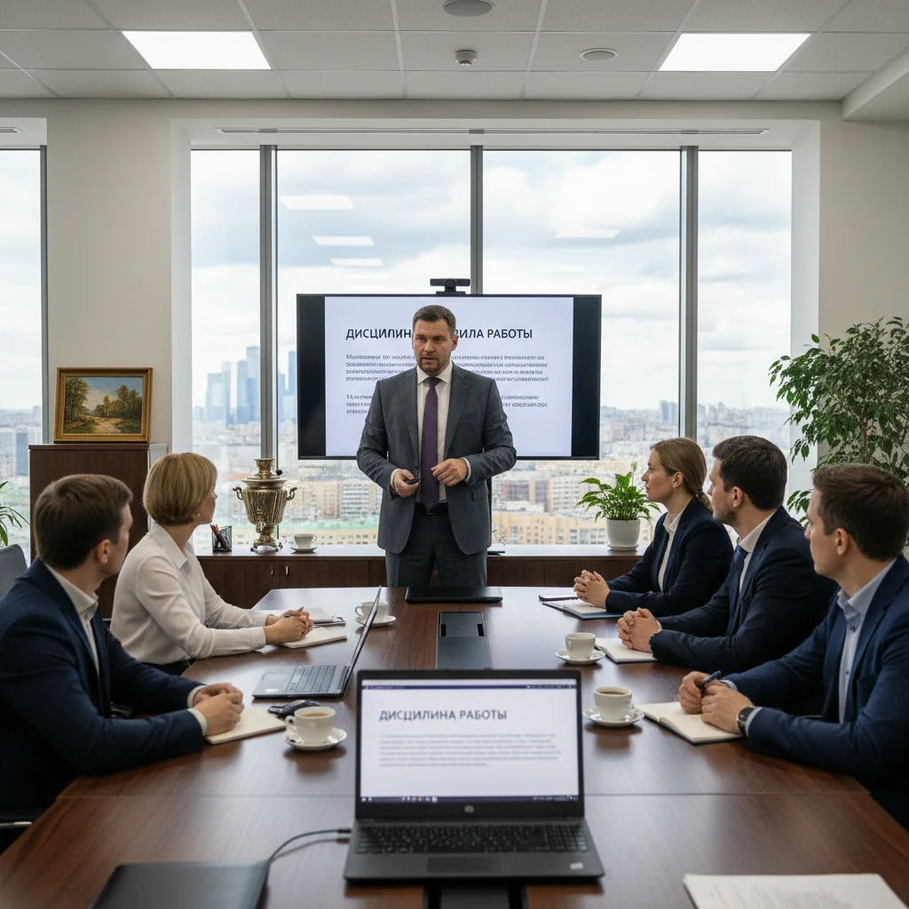A photorealistic image of a professional business meeting in a modern Russian corporate office, where a manager is discussing disciplinary policies with a team of adult employees around a conference table, emphasizing order, professionalism, and workplace discipline. The scene conveys authority, compliance, and structured environment without focusing on any documents.