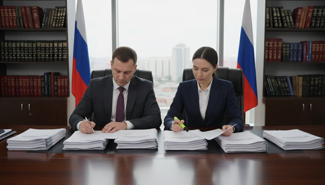 Russian office workers reviewing documents
