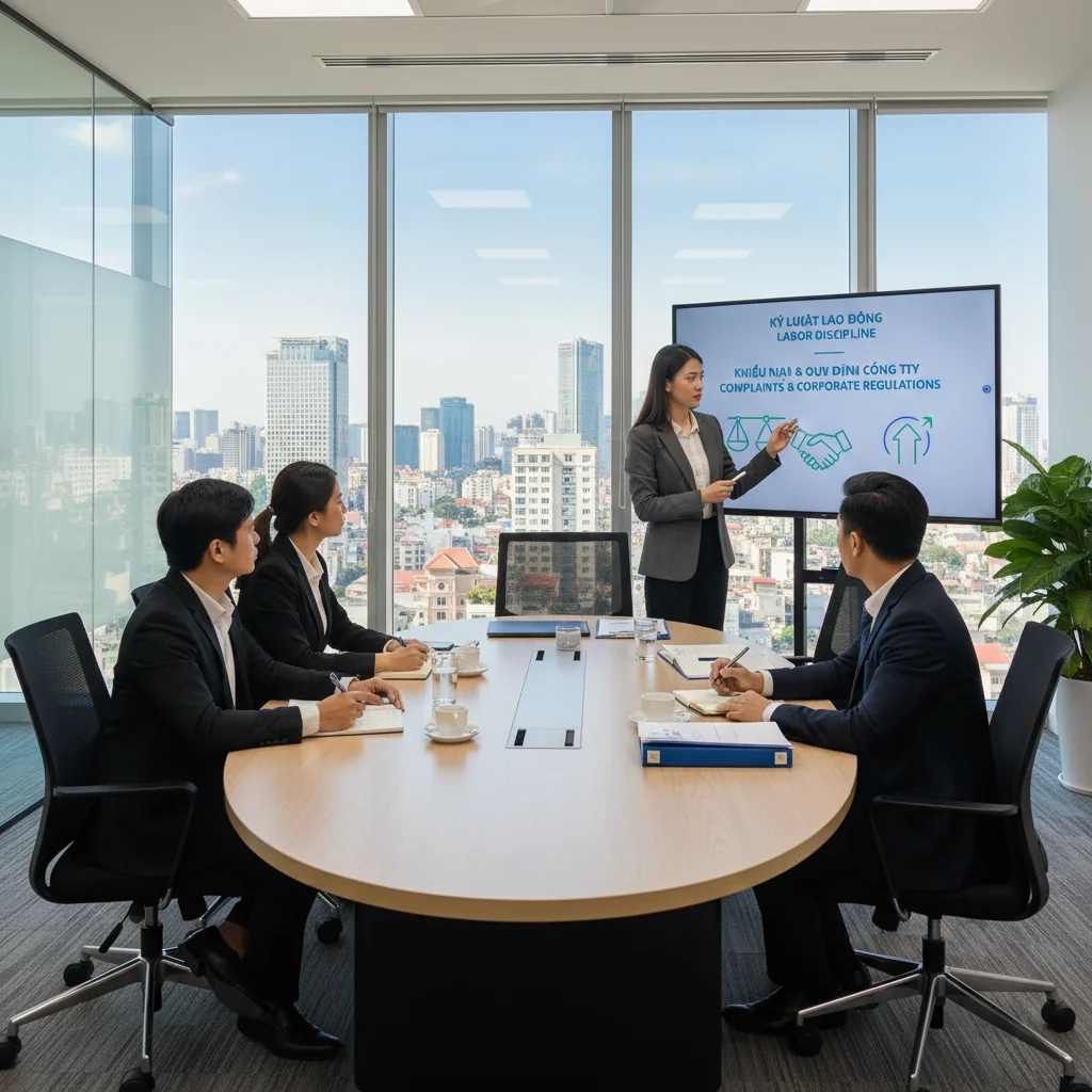 A photorealistic image of a professional business meeting in a modern Vietnamese office, where a diverse group of adult employees, including a manager and team members, are discussing labor discipline and dispute resolution with serious expressions, surrounded by office elements like desks and whiteboards, conveying themes of workplace compliance and resolution in Vietnam.