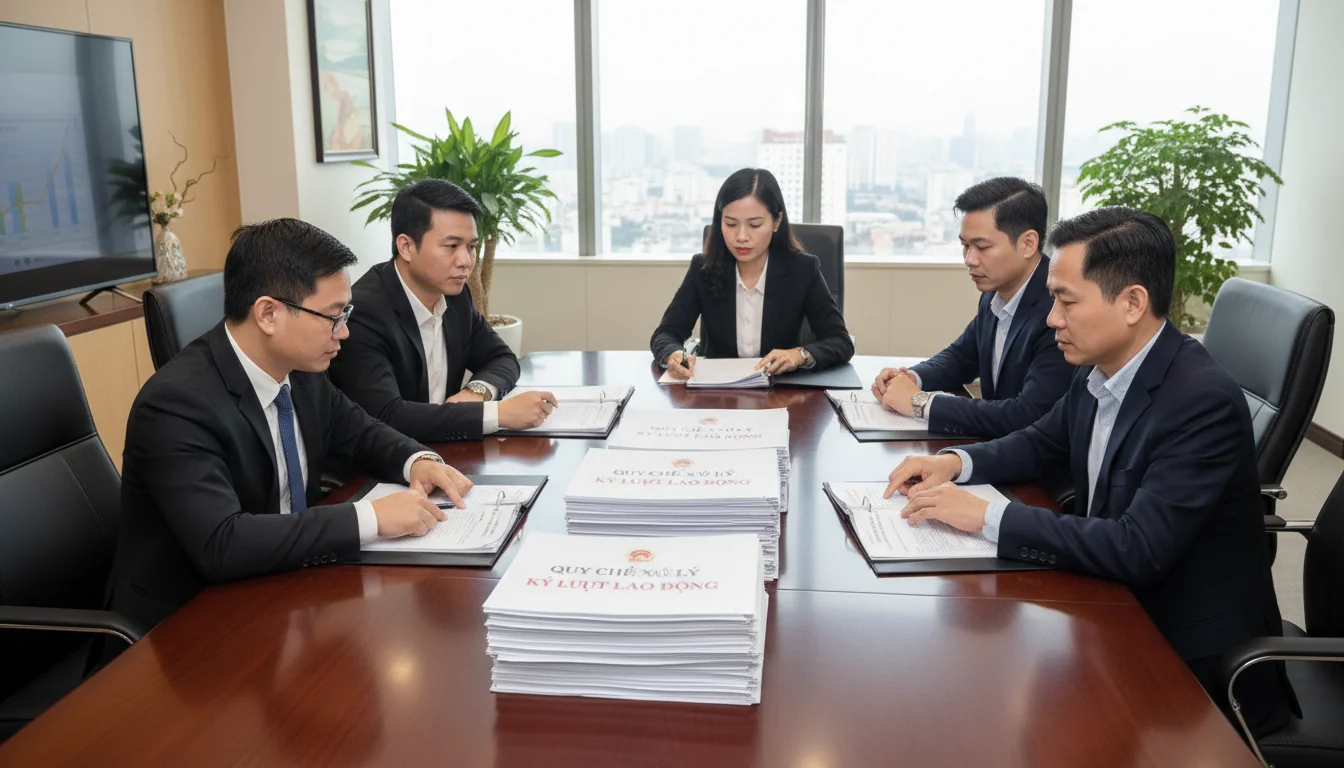 Business meeting discussing employee discipline policies