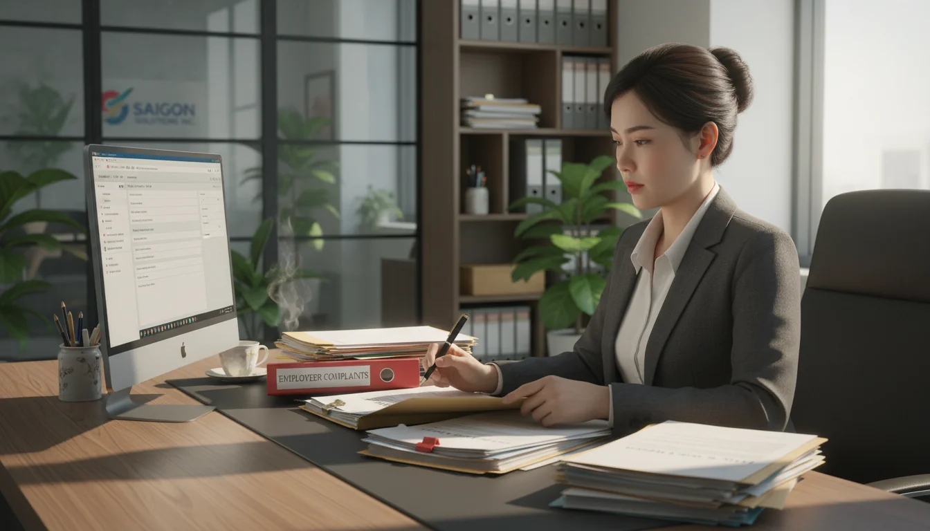 HR specialist handling labor complaint paperwork
