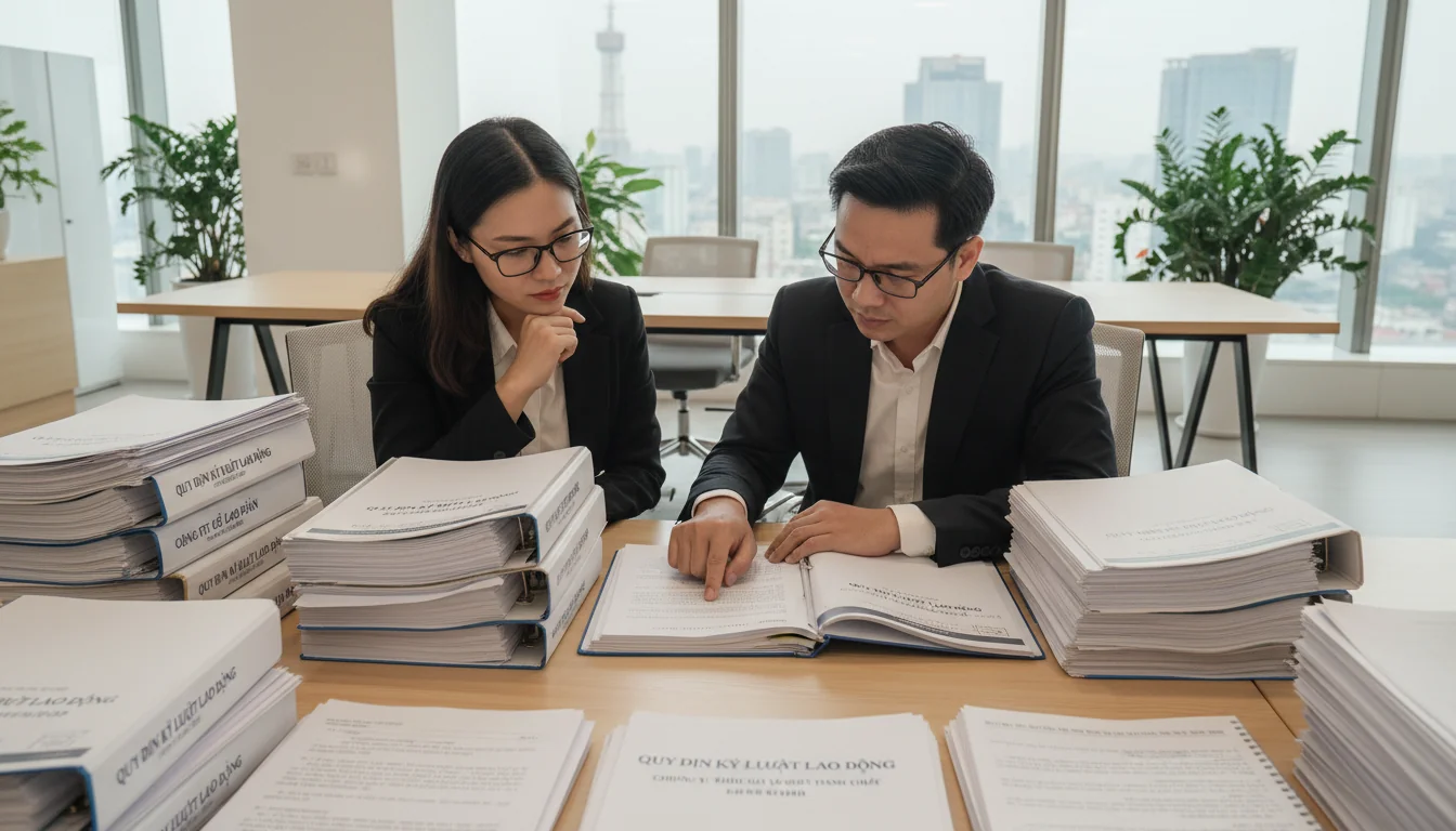 Vietnamese office workers reviewing labor documents