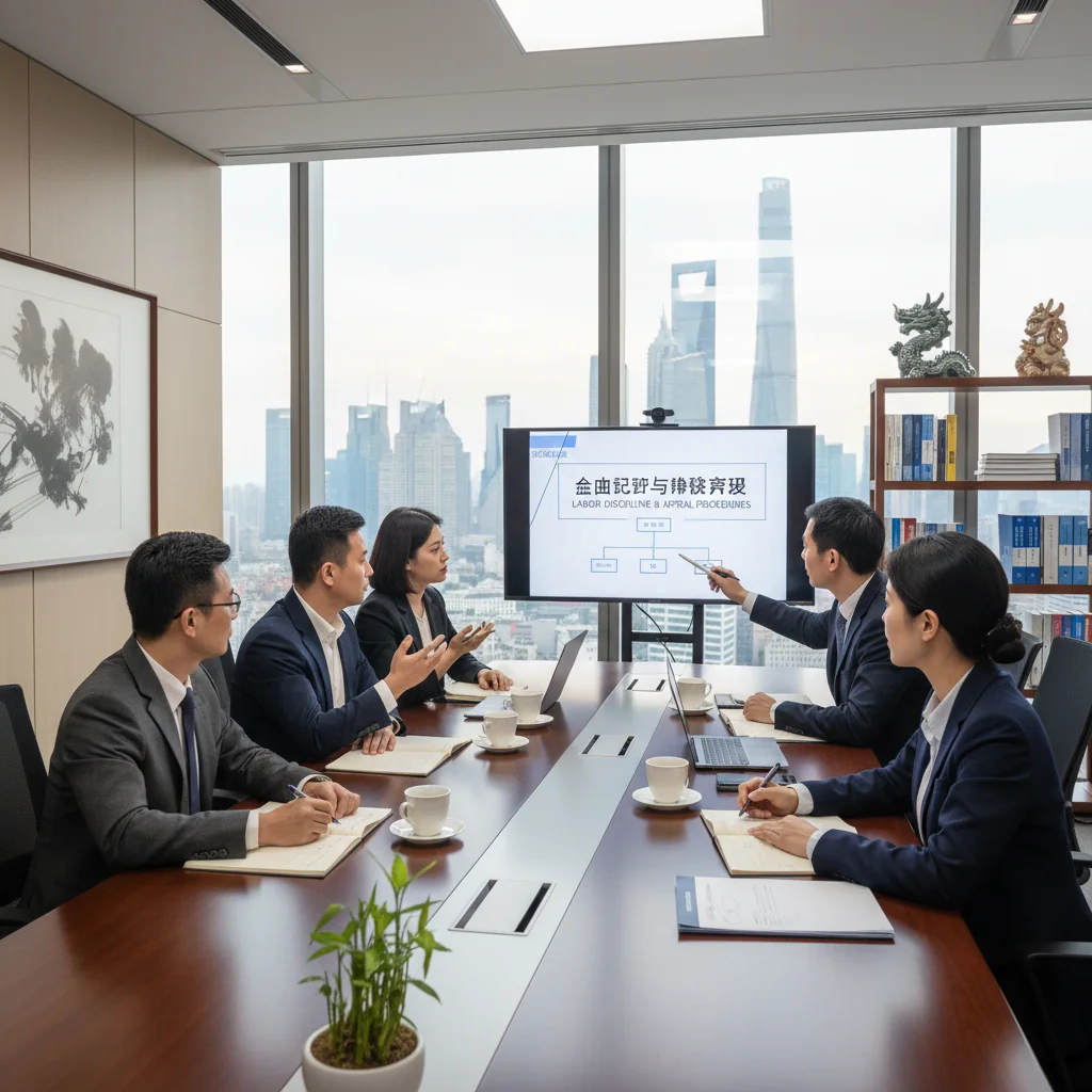 A photorealistic image of a professional Chinese office environment in a corporate setting, showing a diverse group of adult employees engaged in a meeting, discussing labor policies and procedures with a sense of discipline and collaboration, no children present, emphasizing workplace harmony and compliance in China.