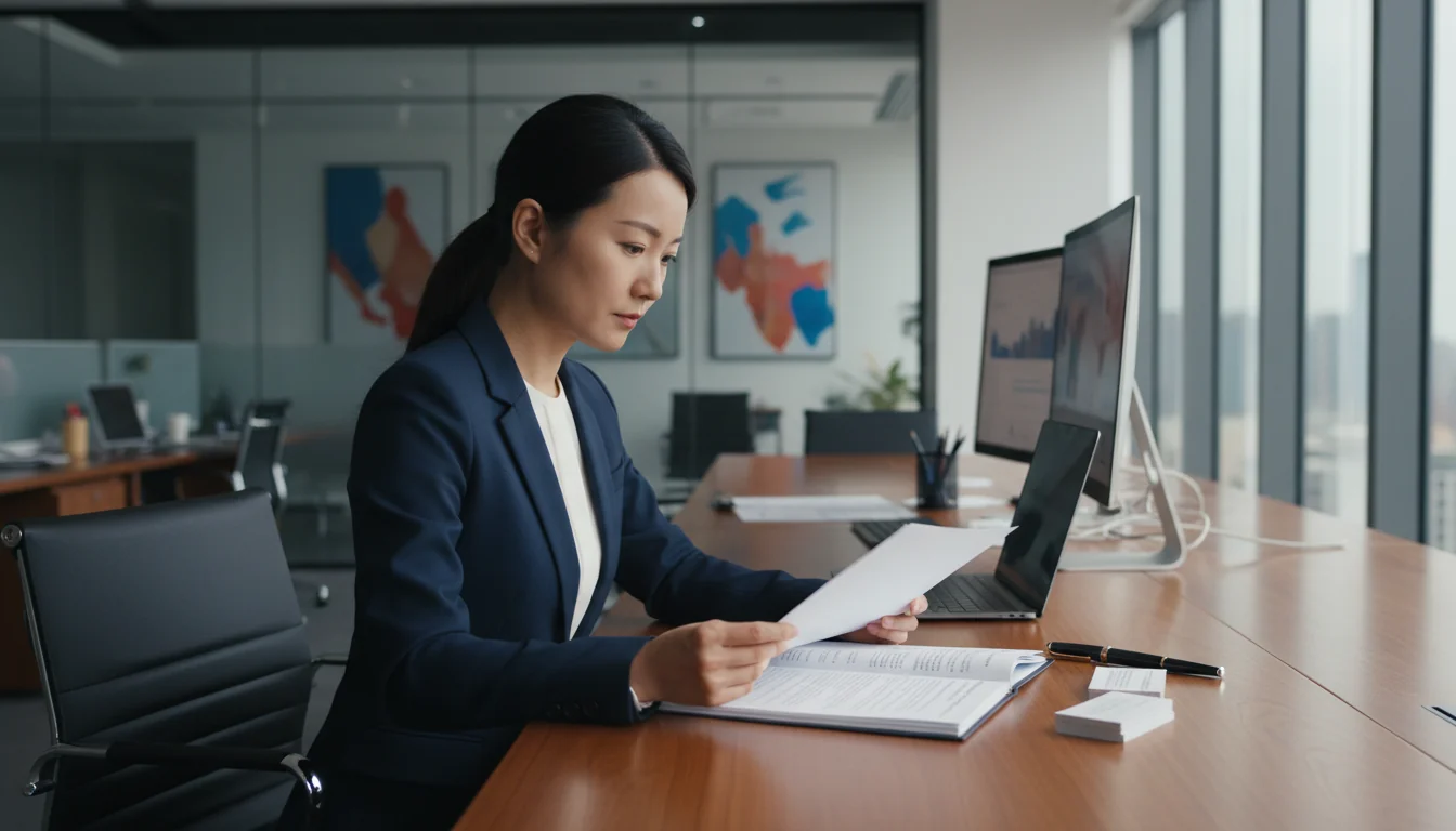 Chinese employee reviewing labor contract