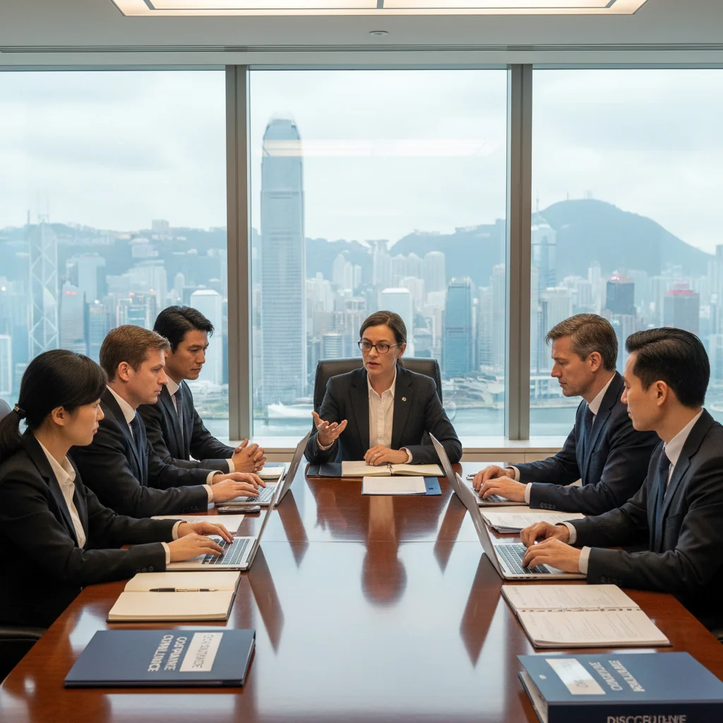 A photorealistic image of a professional business meeting in a modern Hong Kong office, with diverse adults discussing compliance and discipline procedures around a conference table, symbolizing corporate governance and appeal processes in a corporate setting.
