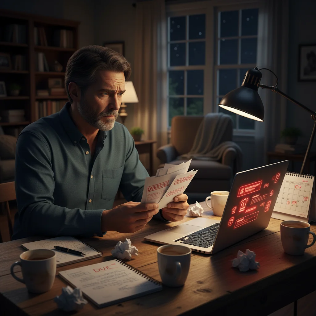 A photorealistic image depicting the stress and consequences of unpaid financial obligations, such as a middle-aged adult sitting at a cluttered desk in a dimly lit home office, looking worried while reviewing bills and a laptop screen showing overdue notices, with empty coffee mugs and scattered papers around, conveying anxiety and financial pressure without showing any legal documents.