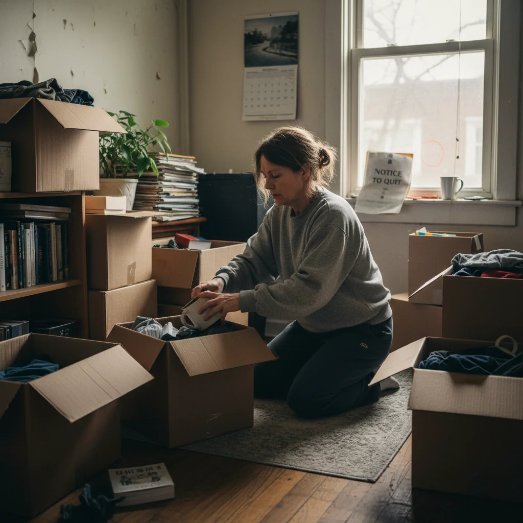 A photorealistic image of a frustrated adult tenant packing boxes in a modest apartment, symbolizing the stress and mistakes in eviction notices, with subtle elements like a calendar or moving checklist in the background, no children present.