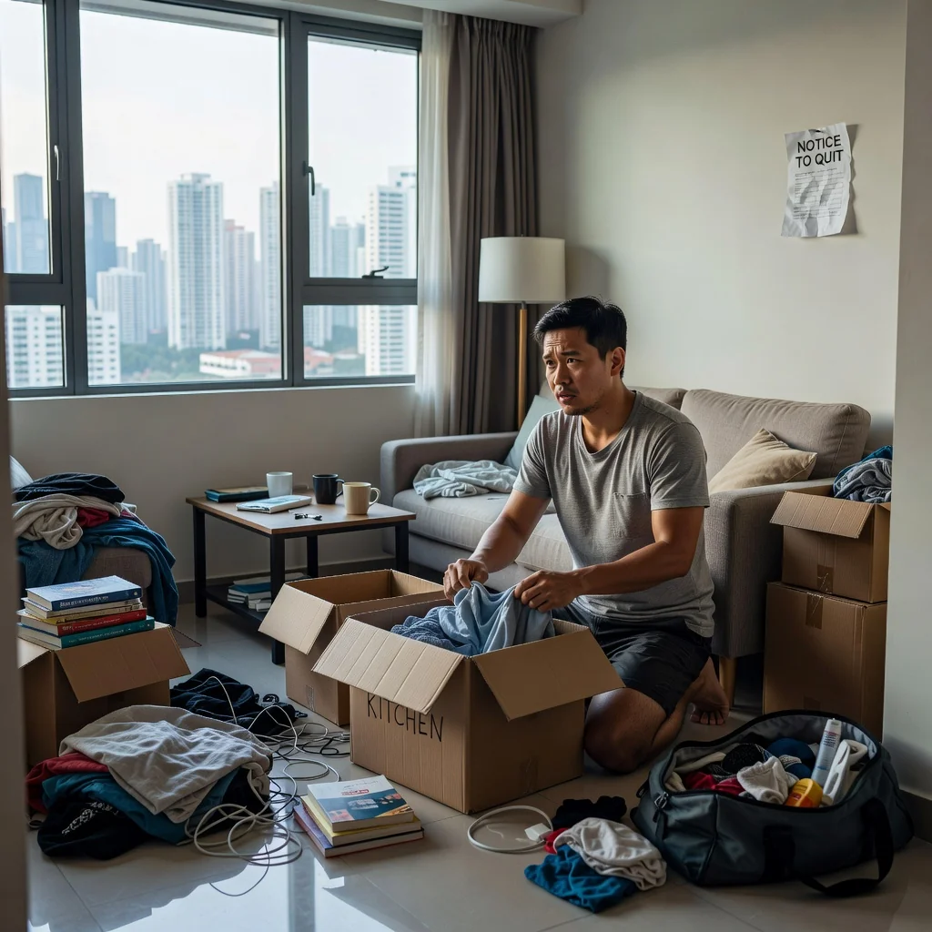 A photorealistic image of a stressed adult tenant packing boxes in a modest Singaporean apartment, symbolizing the eviction process and the importance of proper notice procedures, with no legal documents visible.