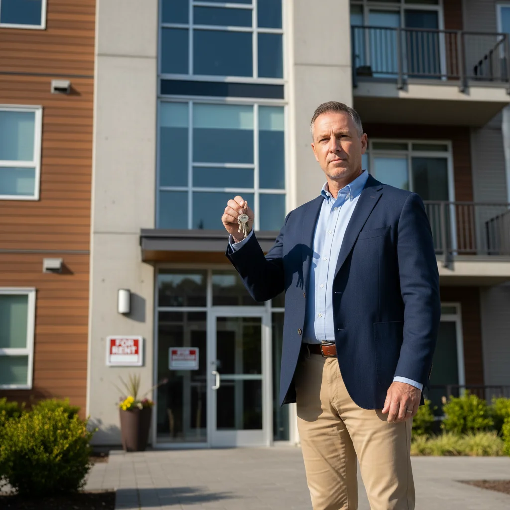 A professional landlord standing confidently in front of a modern apartment building on a sunny day, holding keys in hand, symbolizing the process of regaining possession of rental property. The scene conveys a sense of resolution and authority in housing matters, with no legal documents visible. No children are present in the image.