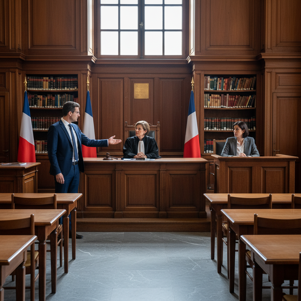 A photorealistic image of a professional French courtroom scene, featuring a judge in robes presiding over a civil debt recovery hearing, with an adult lawyer presenting a case to an adult debtor, evoking the formal and serious purpose of a commandement de payer in France. No children are present in the scene.