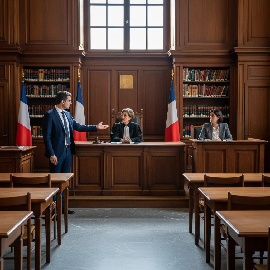 A photorealistic image of a professional French courtroom scene, featuring a judge in robes presiding over a civil debt recovery hearing, with an adult lawyer presenting a case to an adult debtor, evoking the formal and serious purpose of a commandement de payer in France. No children are present in the scene.