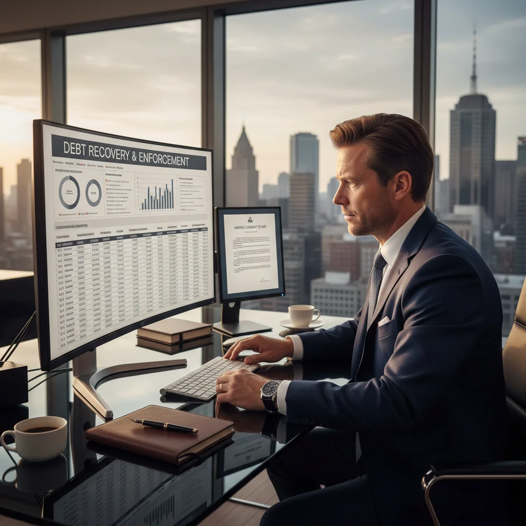 A photorealistic image of a determined adult professional in a modern office setting, reviewing financial statements on a computer screen, symbolizing the enforcement of payment obligations through a legal procedure, with no children present and no legal documents visible.