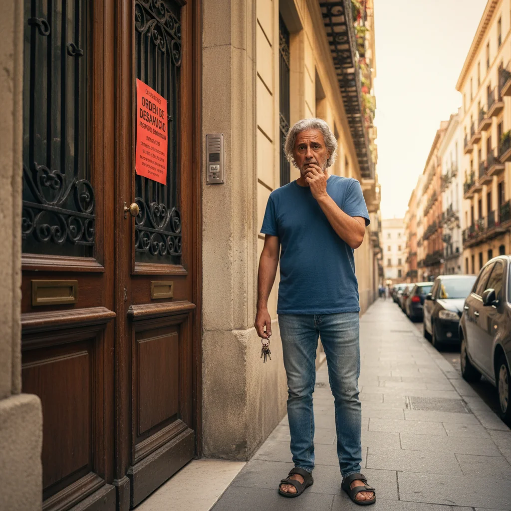 A photorealistic image depicting a concerned adult tenant in a modest Spanish apartment, looking at an eviction notice on the door, symbolizing the stress of rent non-payment in Spain. The scene captures the emotional impact of potential eviction without focusing on legal documents.