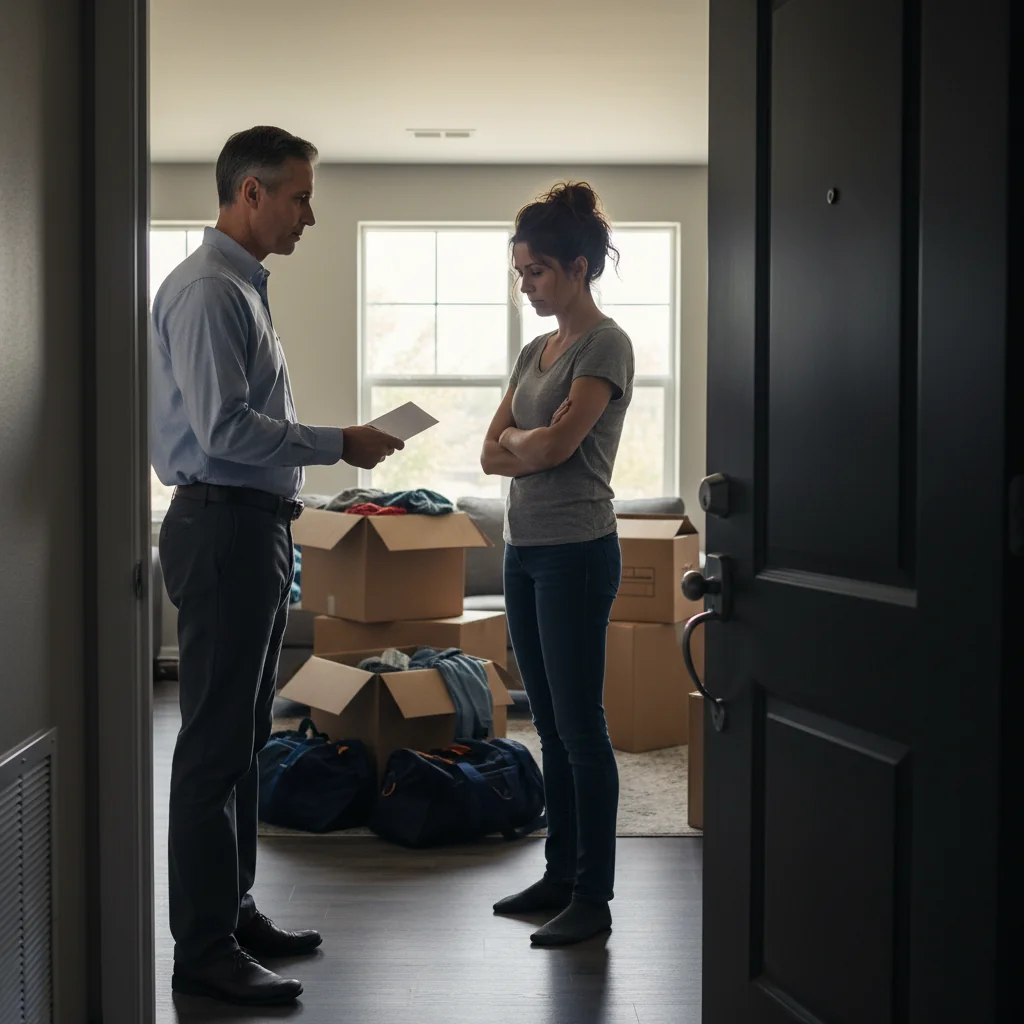 A photorealistic image depicting a tense landlord-tenant interaction in a residential apartment setting, symbolizing the eviction notice process. Show an adult landlord handing a formal notice to an adult tenant at the apartment door, with moving boxes nearby, conveying the theme of tenant relocation without focusing on the document itself.