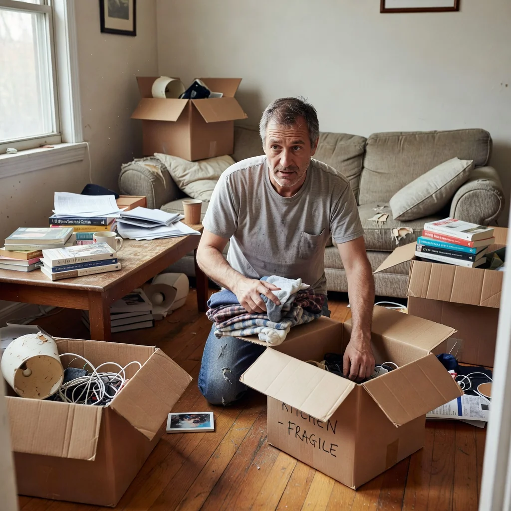 A photorealistic image depicting a stressed adult tenant packing boxes in a modest apartment living room, with eviction notice elements subtly implied through stacked belongings and a moving box labeled 'Relocation', conveying the emotional impact of tenant eviction without showing any legal documents or children.