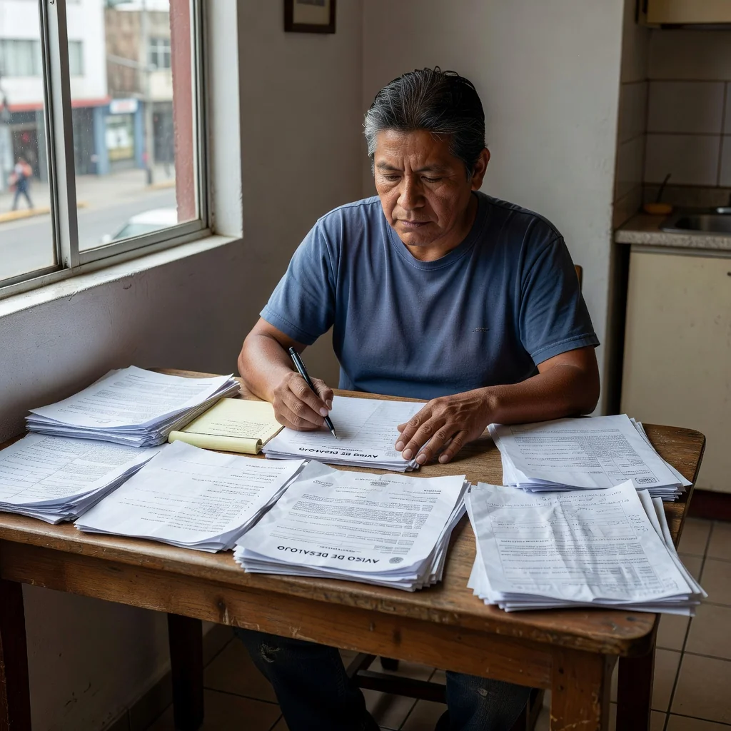A photorealistic image of an adult Mexican individual in a modest home setting, looking determined and reviewing important papers at a table, symbolizing preparation and response to a housing eviction notice, with warm lighting and authentic details, no children present.