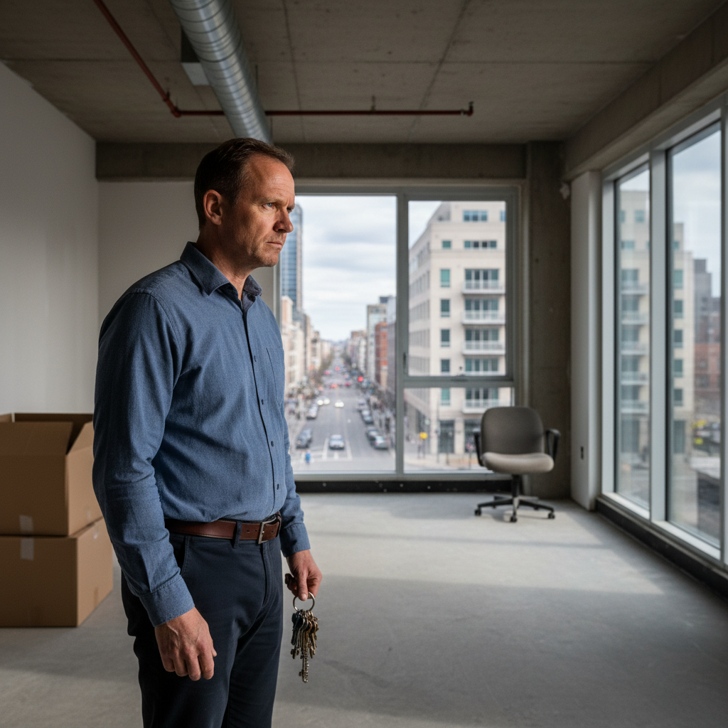 A photorealistic image of a frustrated adult landlord standing in an empty apartment, holding keys and looking out a window, symbolizing the eviction process for non-payment of rent.