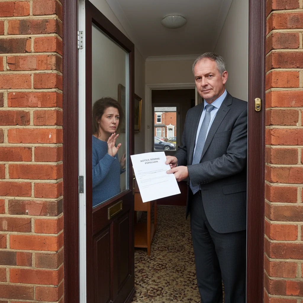 A photorealistic image depicting a tense situation in a UK residential property where a landlord is politely handing a formal notice to an adult tenant, symbolizing the process of seeking possession under housing law, with the interior showing typical British home elements like a door and hallway, conveying a sense of urgency and legal procedure without focusing on the document itself.