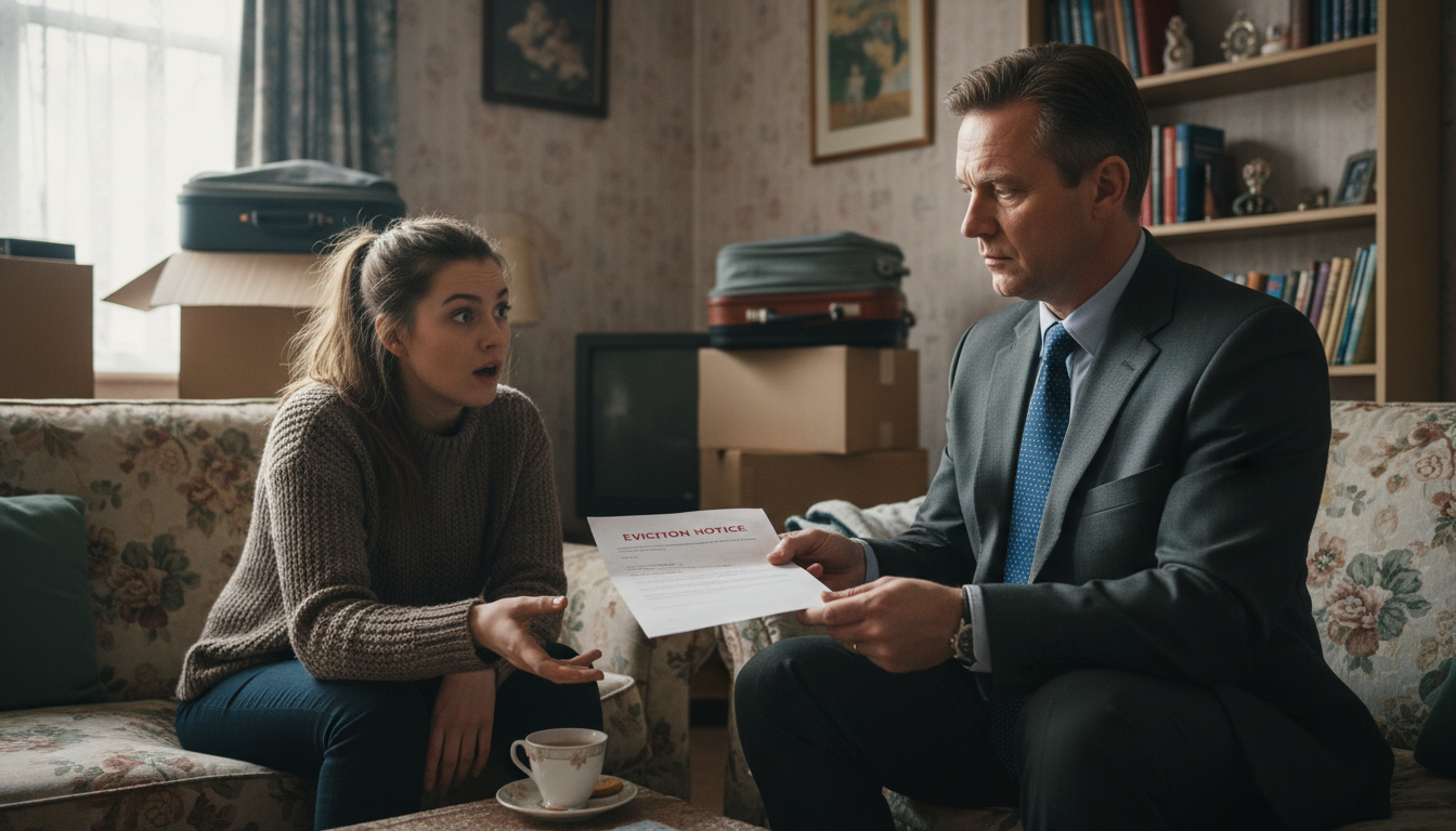 Landlord handing eviction notice to tenant