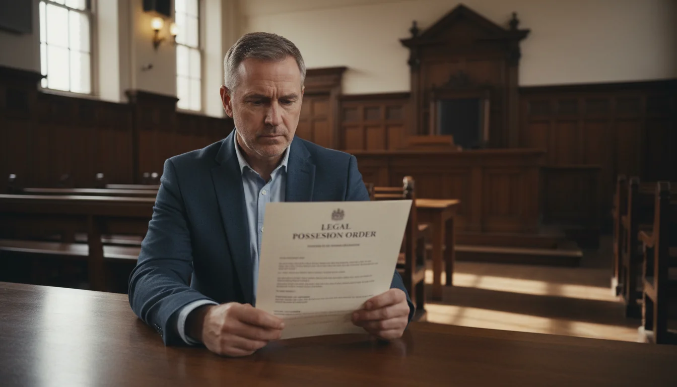 Tenant reading possession notice in court