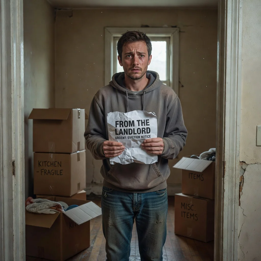 A photorealistic image representing the concept of an eviction notice, focusing on an adult tenant receiving a formal notice from a landlord in a residential setting, evoking a sense of urgency and transition in housing, without showing any legal documents directly.