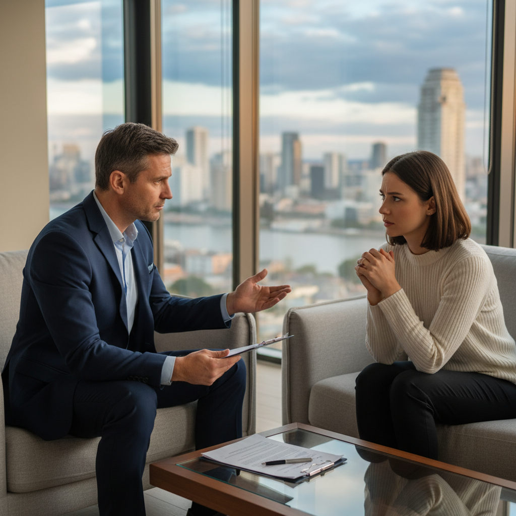 A photorealistic image depicting a professional landlord or property manager calmly discussing tenancy matters with an adult tenant in a modern apartment setting, symbolizing the eviction notice process without showing any legal documents.