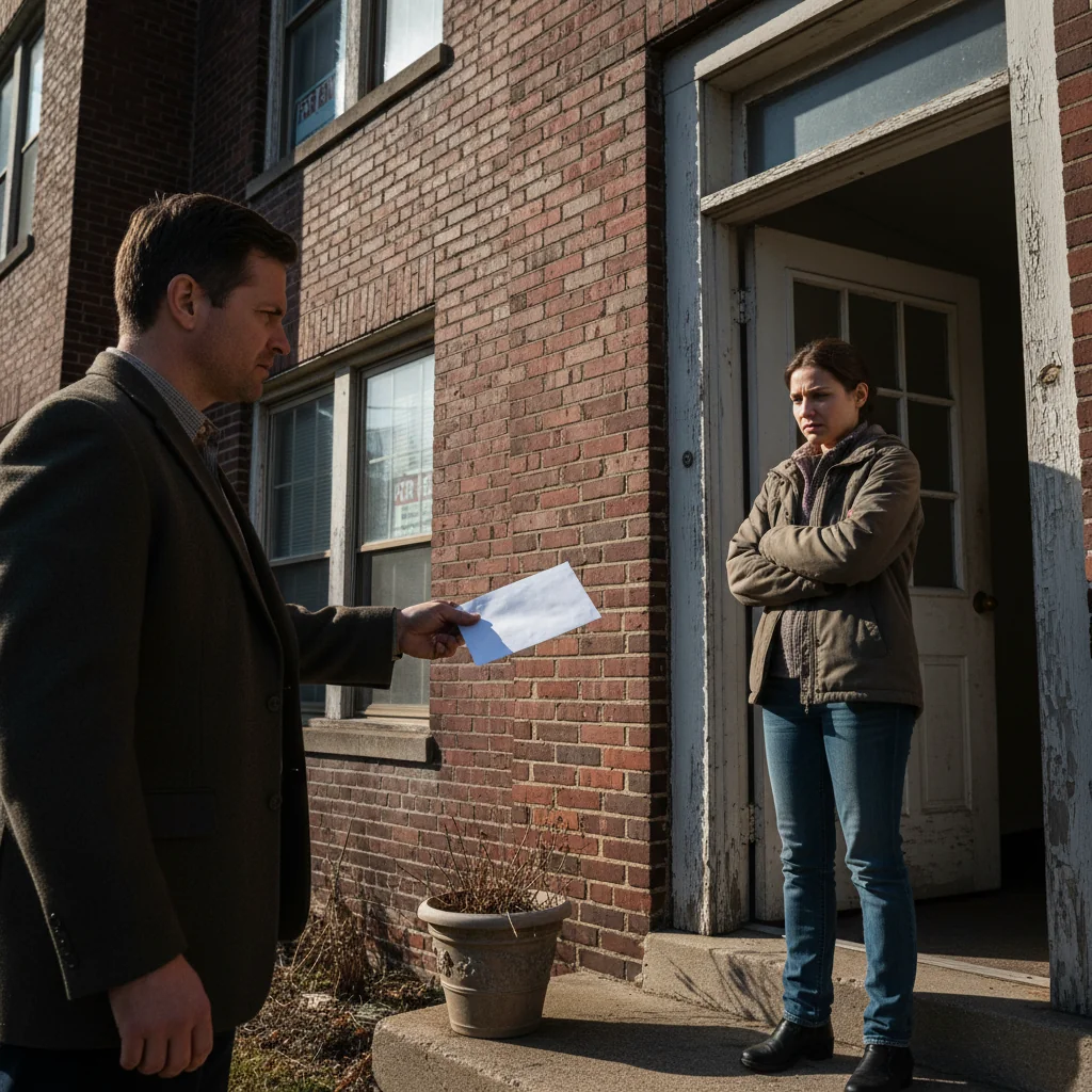 A photorealistic image depicting the tense moment of a landlord serving an eviction notice to an adult tenant in an apartment setting, emphasizing the emotional and procedural aspect of eviction without showing any legal documents, children, or graphic elements.