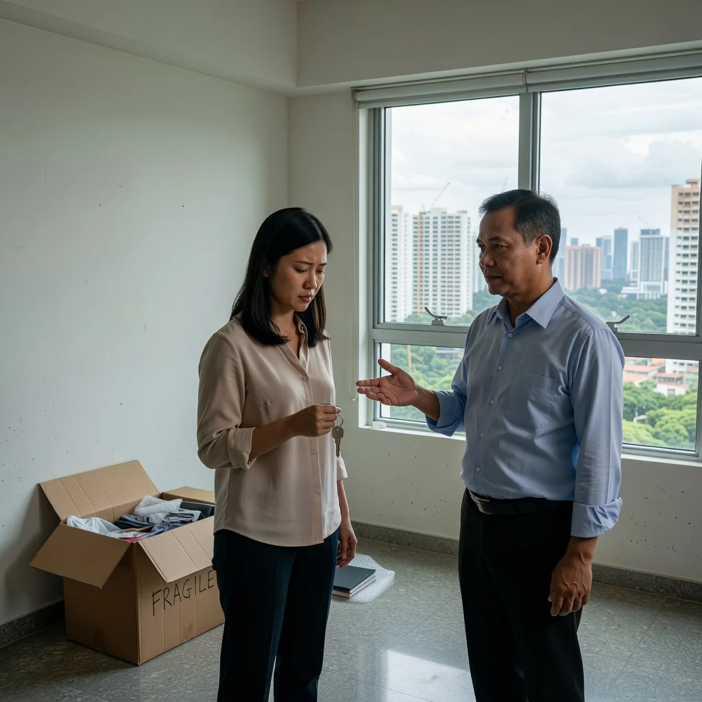 A photorealistic image depicting a tense negotiation between an adult tenant and an adult landlord in a modern Singaporean apartment setting, symbolizing the implications of a notice to quit, with subtle elements like a moving box in the background to represent relocation, no children present, no legal documents shown.