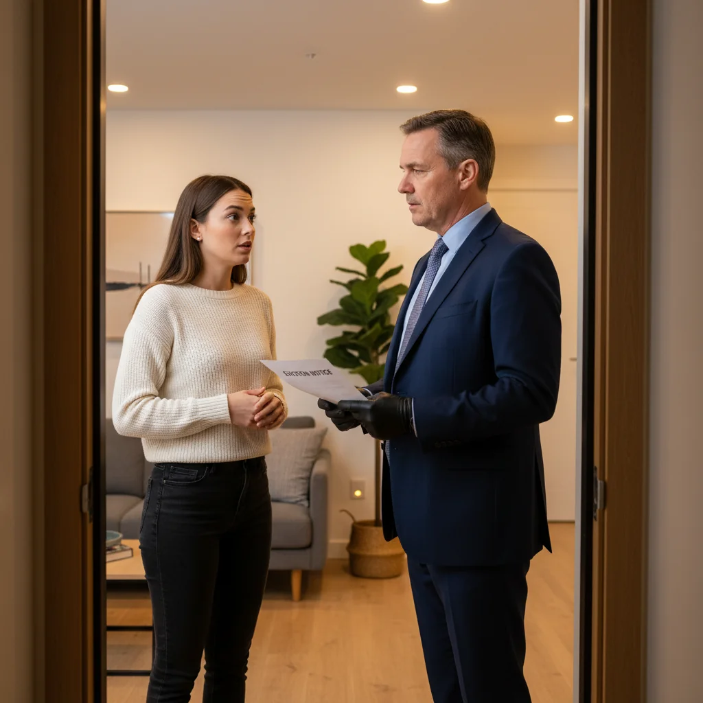 A photorealistic image depicting a professional landlord or property manager calmly handing a formal notice to an adult tenant in a modern apartment setting, symbolizing the eviction notice process without showing any actual documents. The scene conveys a sense of formal communication and resolution in a residential context.