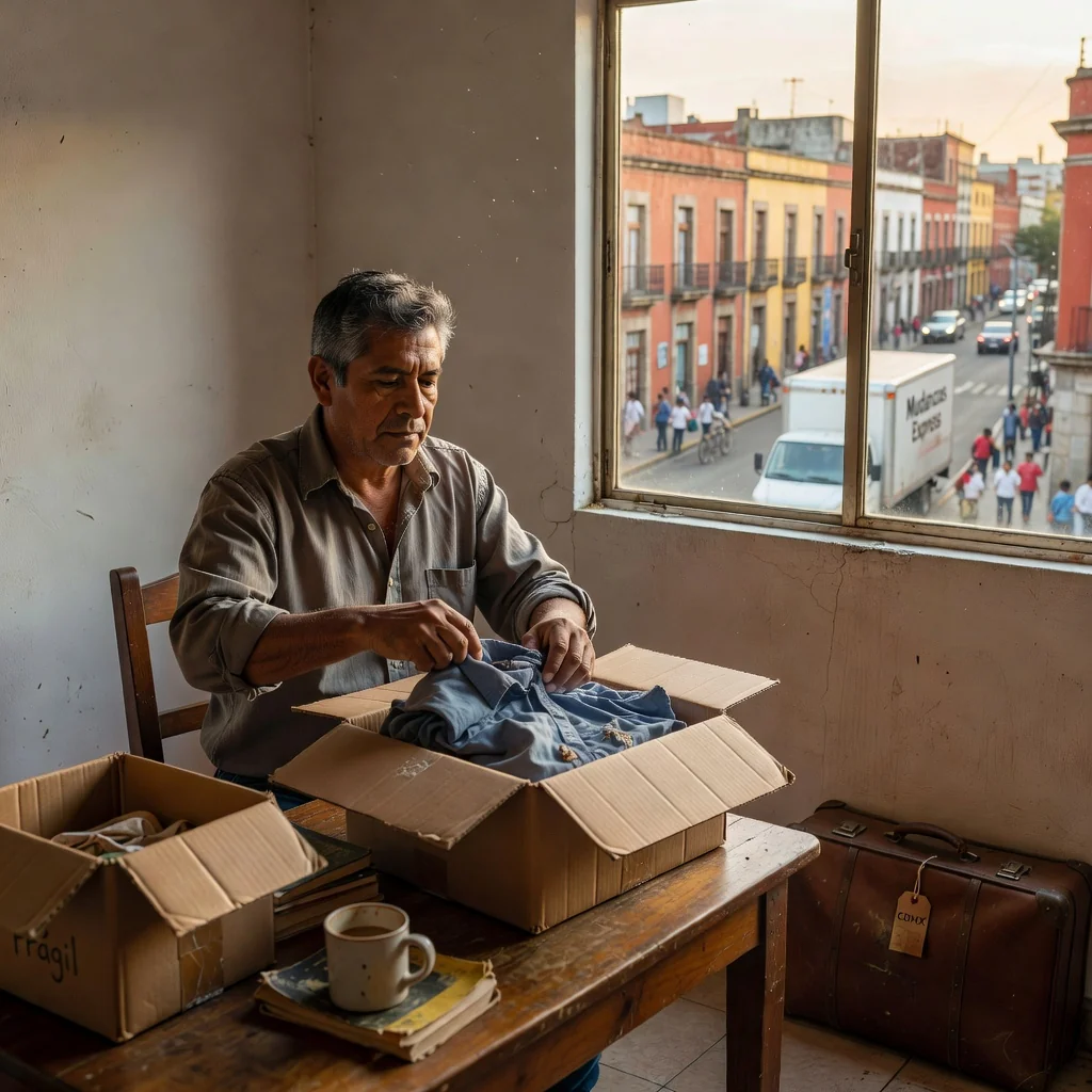 A photorealistic image representing the theme of eviction notice in Mexico, showing a concerned adult tenant packing boxes in a modest apartment in a Mexican urban setting, with subtle elements like a moving truck outside, conveying the purpose of relocation due to housing changes, no children present.