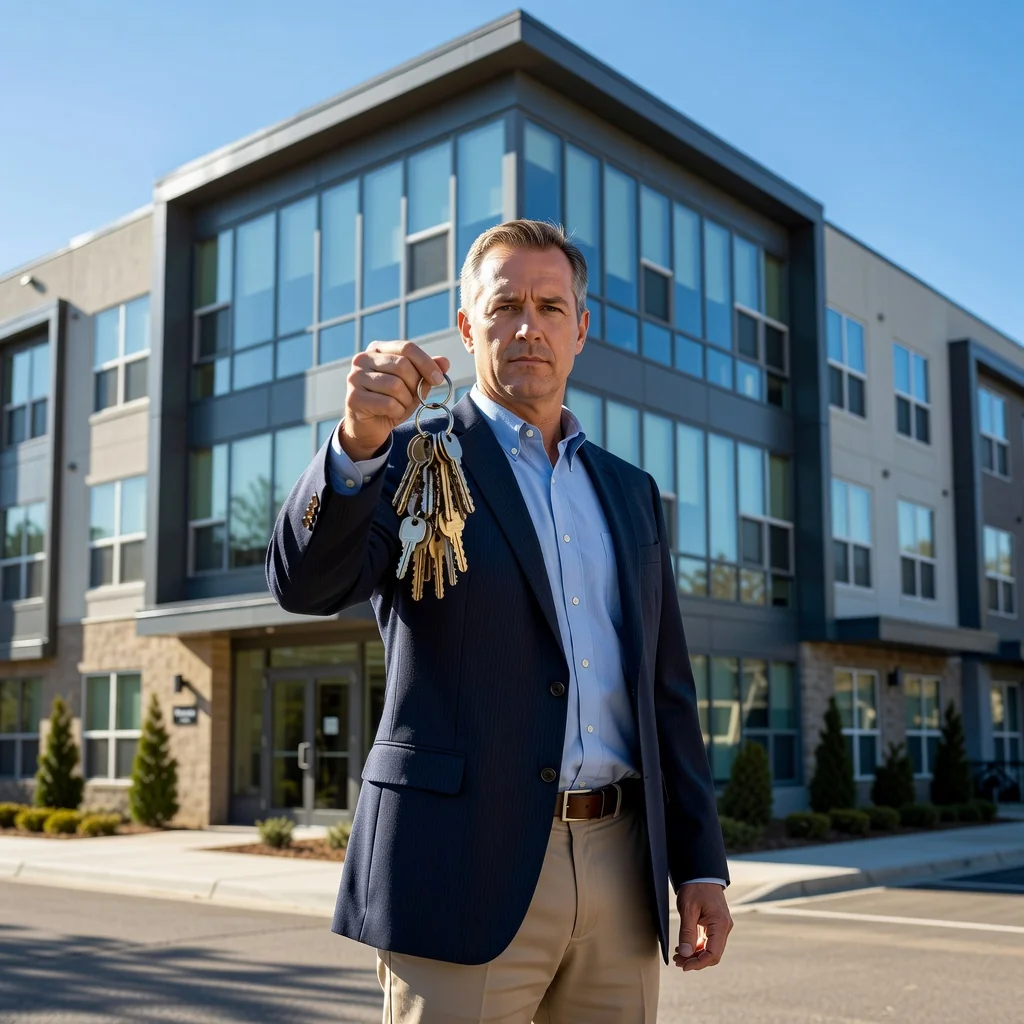 A photorealistic image depicting a professional landlord or property manager standing confidently in front of a modern apartment building, holding a set of keys, symbolizing the process of tenant management and eviction notices without showing any legal documents. The scene conveys authority and resolution in a residential rental context, with no children present.