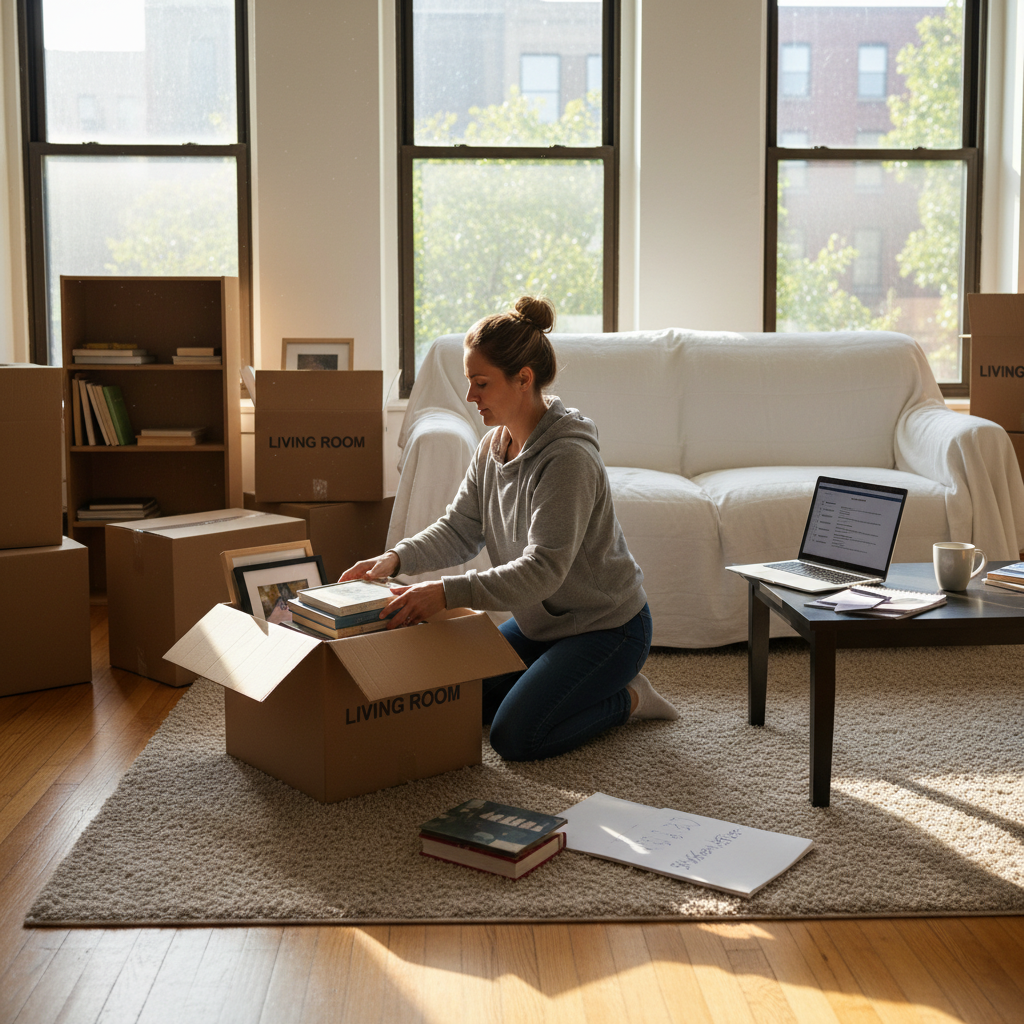 A photorealistic image of a thoughtful adult person, perhaps a middle-aged tenant, standing in a modern apartment living room with moving boxes nearby, looking out a window with a contemplative expression, symbolizing the decision to end a rental lease agreement.