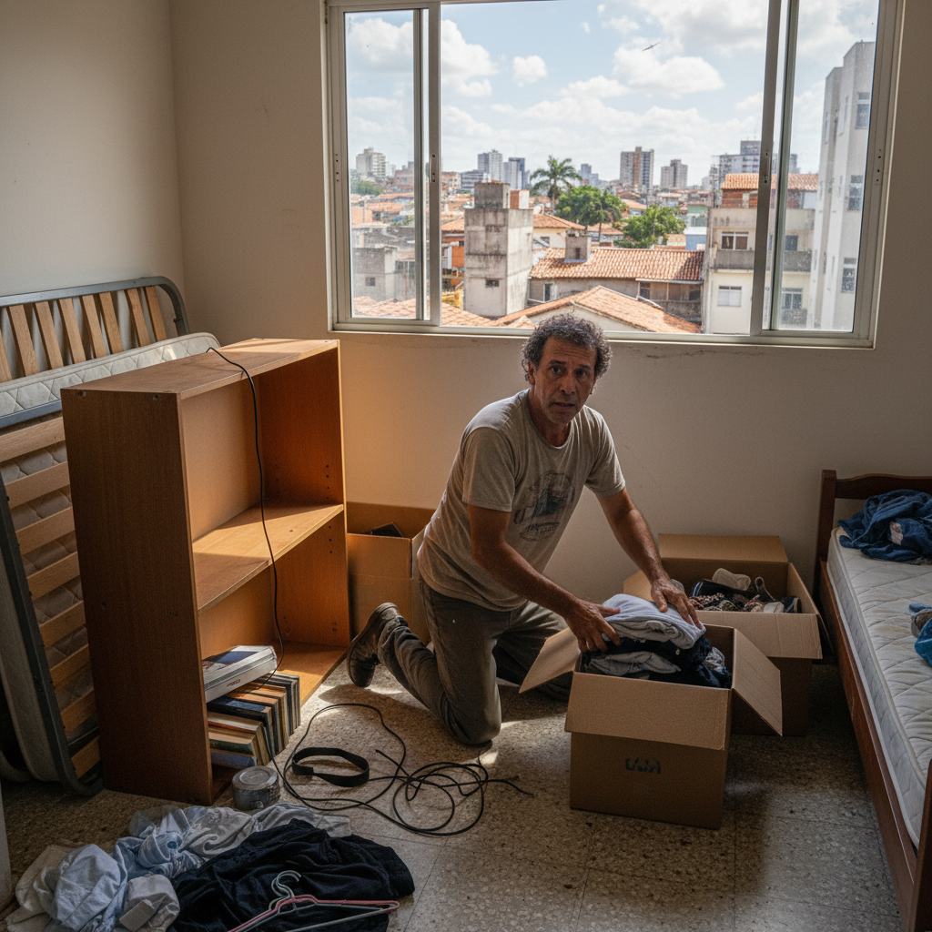 A photorealistic image depicting a tense moment in a Brazilian urban apartment where an adult tenant is packing belongings into boxes, looking worried as they prepare to leave, with eviction notice implications in the context but no document visible, emphasizing the emotional and practical aspects of relocation due to eviction, set in a modest Brazilian home interior with local cultural elements like Brazilian decor.