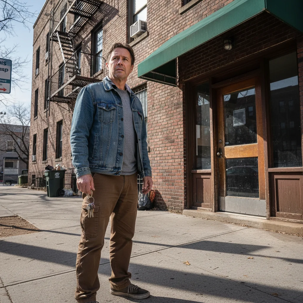 A photorealistic image of a concerned adult tenant standing outside a modest apartment building in an urban setting, holding a set of keys and looking at the door, symbolizing the moment of receiving a notice to quit and facing potential eviction, with no legal documents visible, no children present, and a realistic everyday atmosphere.