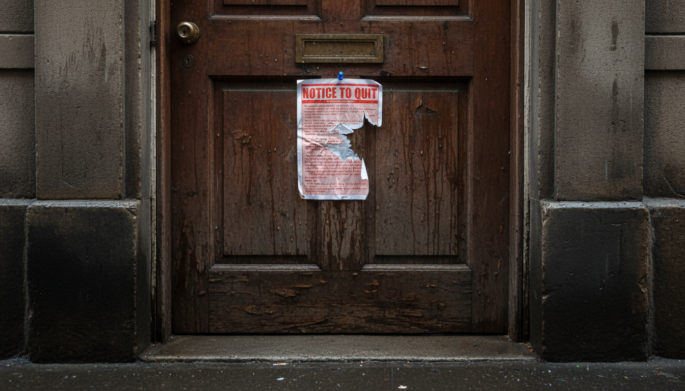 Eviction notice on wooden door