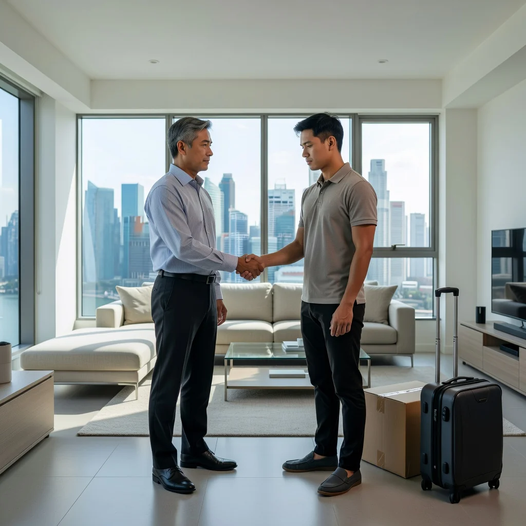A photorealistic image depicting a professional adult landlord and tenant in a modern Singapore apartment, engaged in a serious discussion about tenancy termination, with subtle elements like a moving box in the background to symbolize relocation, no children present.