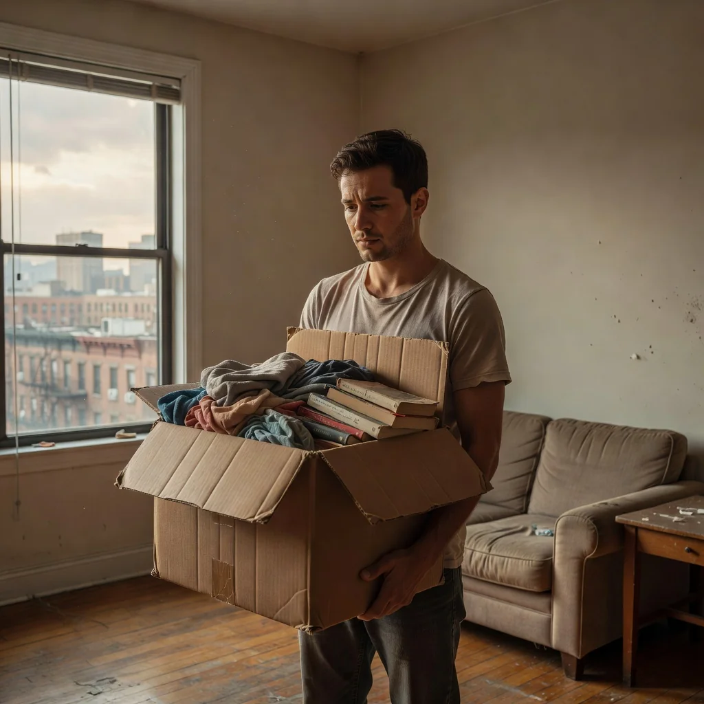 A photorealistic image depicting an adult tenant in a modest apartment, looking concerned while packing boxes as they prepare to move out due to an eviction notice, emphasizing the emotional and practical aspects of relocation without showing any legal documents or children.