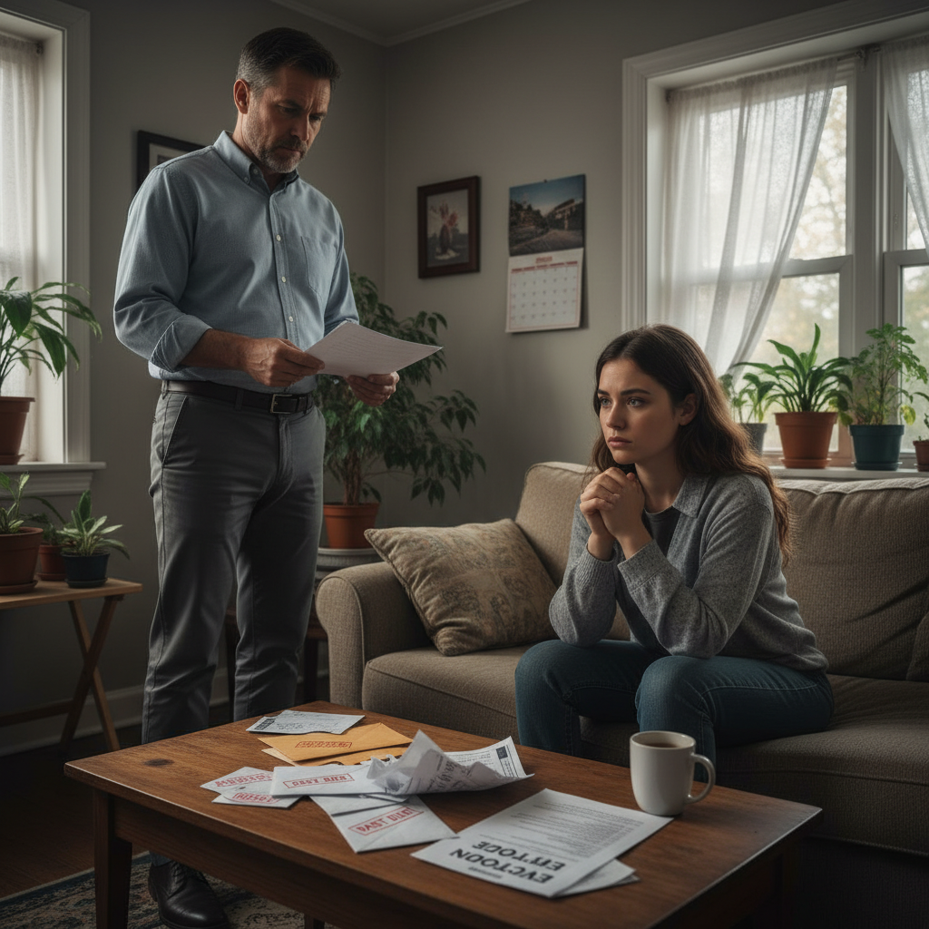 A photorealistic image depicting a tense landlord and tenant in a discussion about unpaid rent in a modest apartment setting, symbolizing the rights and obligations during an eviction process for non-payment, with no children present.
