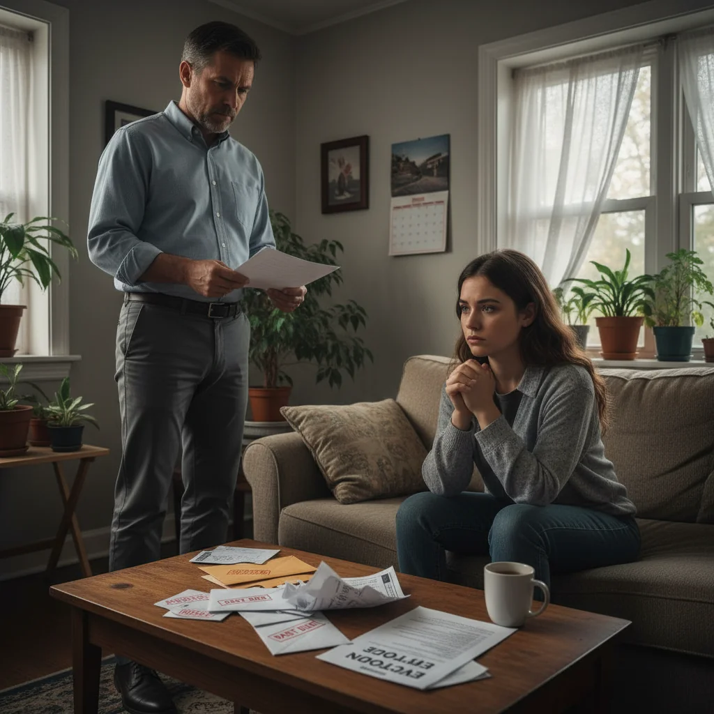 A photorealistic image depicting a tense landlord and tenant in a discussion about unpaid rent in a modest apartment setting, symbolizing the rights and obligations during an eviction process for non-payment, with no children present.