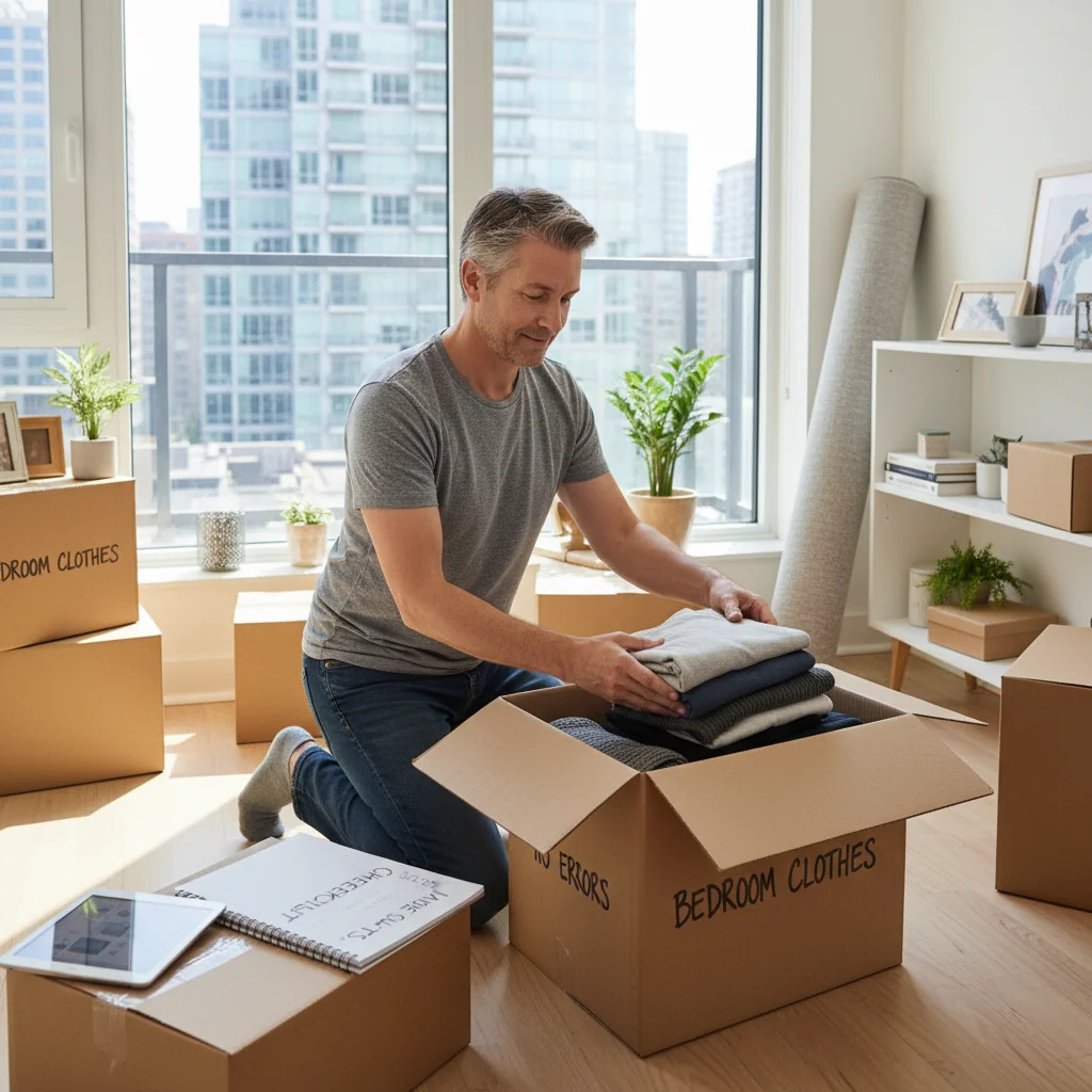 A photorealistic image of an adult tenant packing boxes and preparing to move out of a modern apartment, symbolizing the process of ending a rental agreement without mistakes, with a sense of relief and organization.