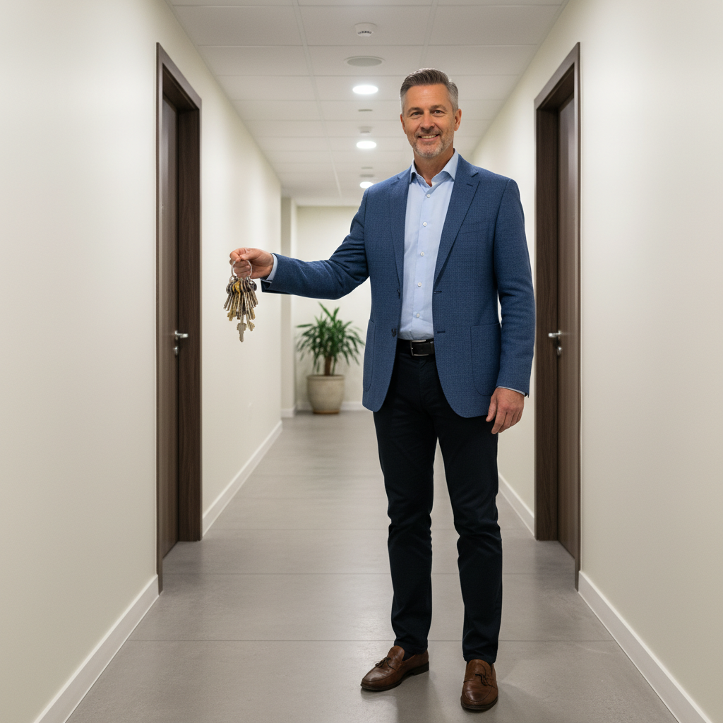 A photorealistic image of a professional landlord standing confidently in a well-maintained apartment hallway, holding a set of keys, symbolizing the process of tenant turnover and property management without focusing on any legal documents.