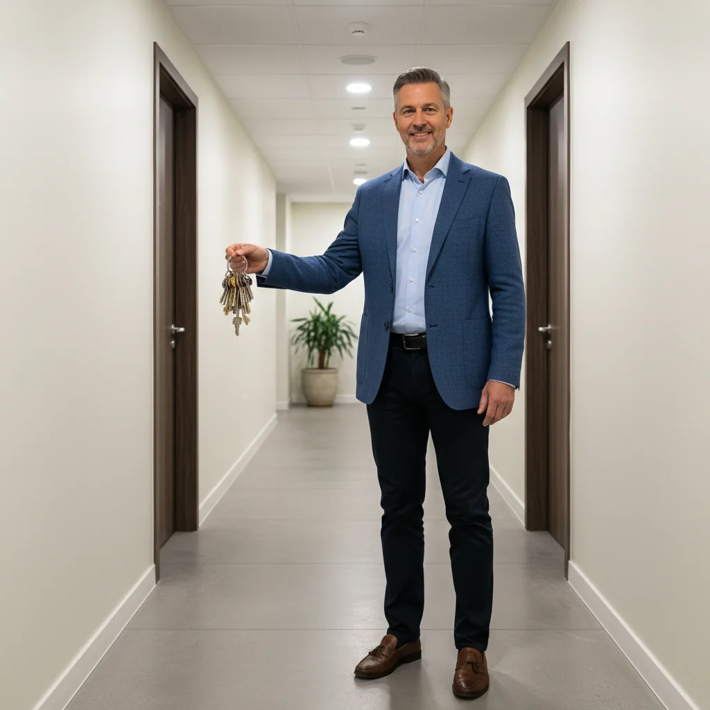 A photorealistic image of a professional landlord standing confidently in a well-maintained apartment hallway, holding a set of keys, symbolizing the process of tenant turnover and property management without focusing on any legal documents.