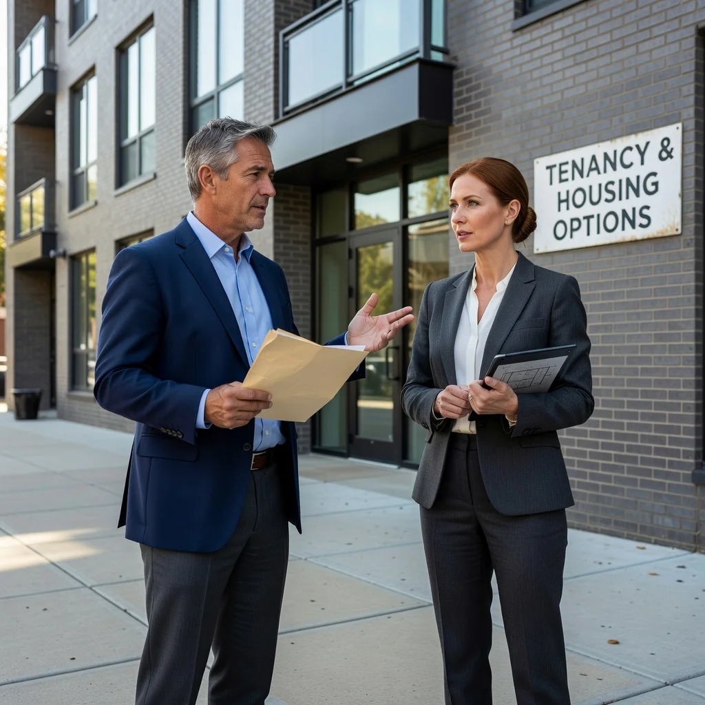 A photorealistic image representing the purpose of a legal eviction notice, showing a concerned adult landlord or tenant in a professional setting discussing housing matters with a real estate agent, emphasizing relocation or property management without depicting any distress or conflict.